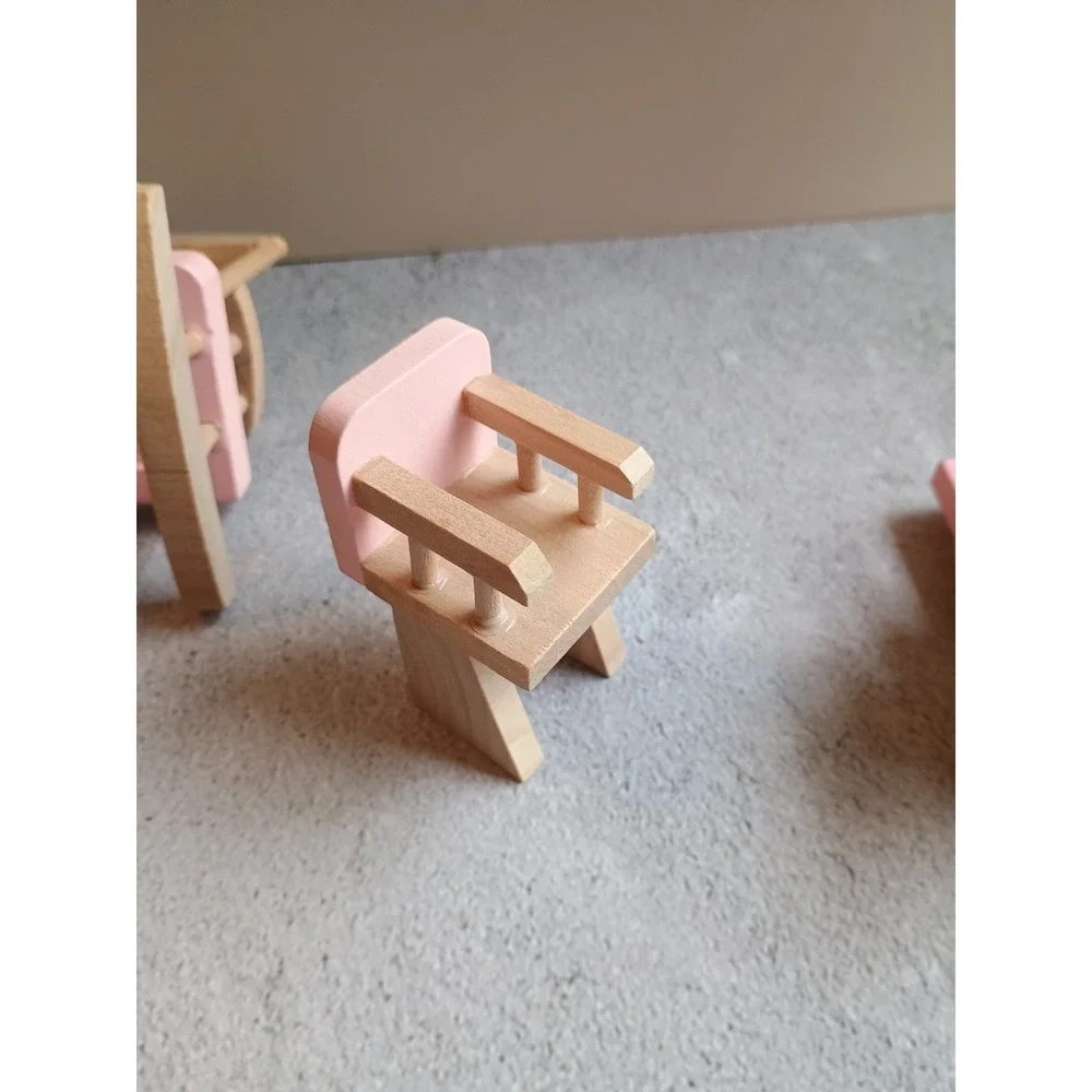 Wood Dollhouse Pink Nursery Set Crib High Chair Rocking Horse Cottage Style